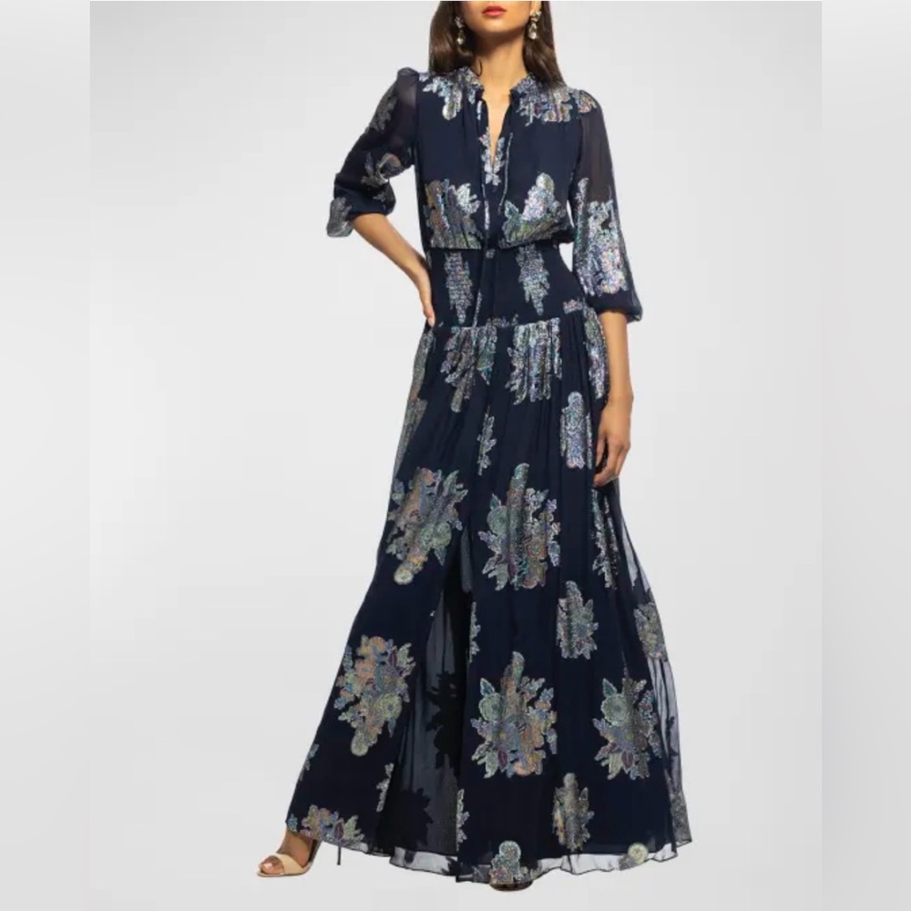 Shoshanna Smocked Metallic-Embroidered Chiffon Gown